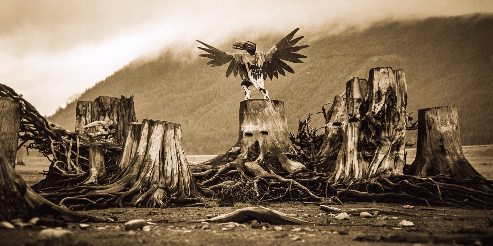 A Raven dancer among stumps beneath desert buttes